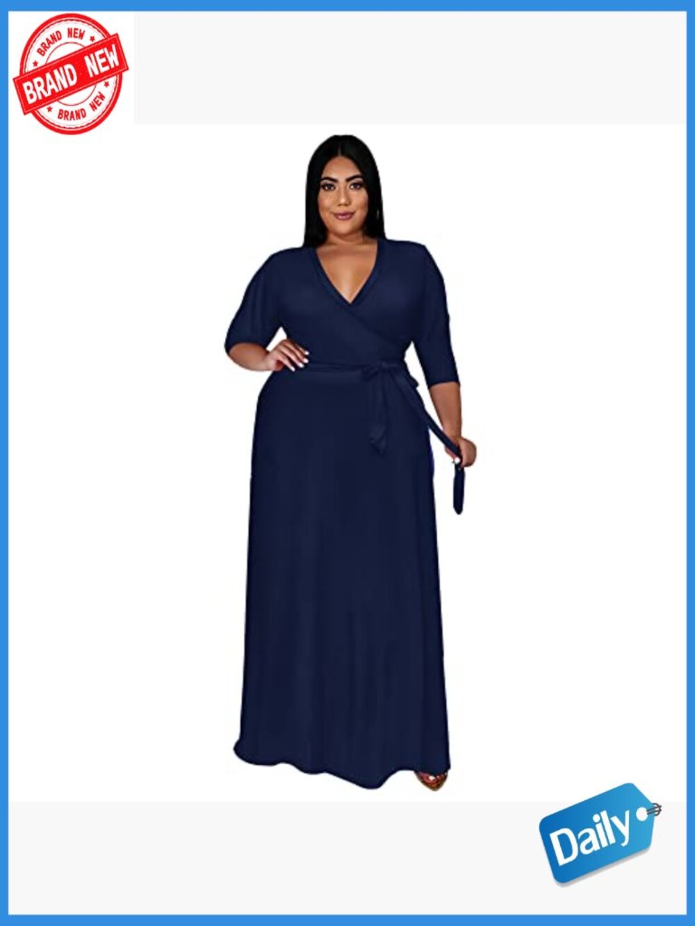 Plus Size Maxi Dress - Floral 3/4 Sleeve Belted Long Dress - Picture 3 of 7